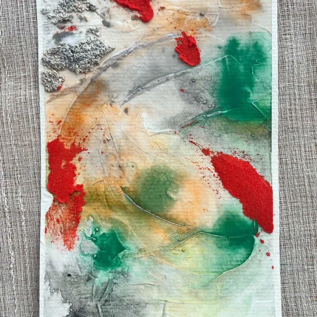 Flowing mixed textures in fiery red, moss green, and soft yellow with silver dust – No. 7 from the Built Of Light collection.