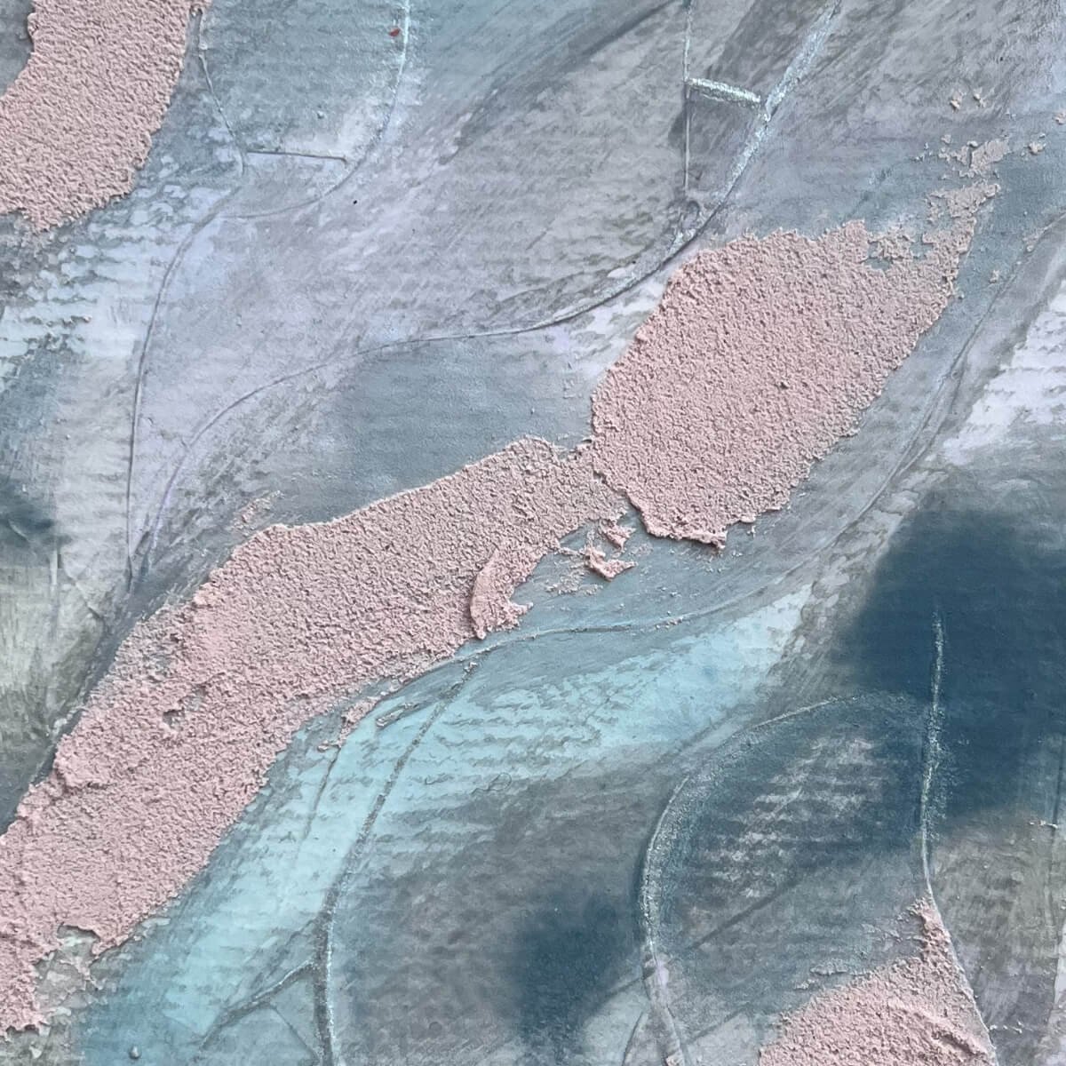 Close-up of Between Breaths No. 1 – visible structure and soft light on textured strokes in dusty rose and cool grey-blue.