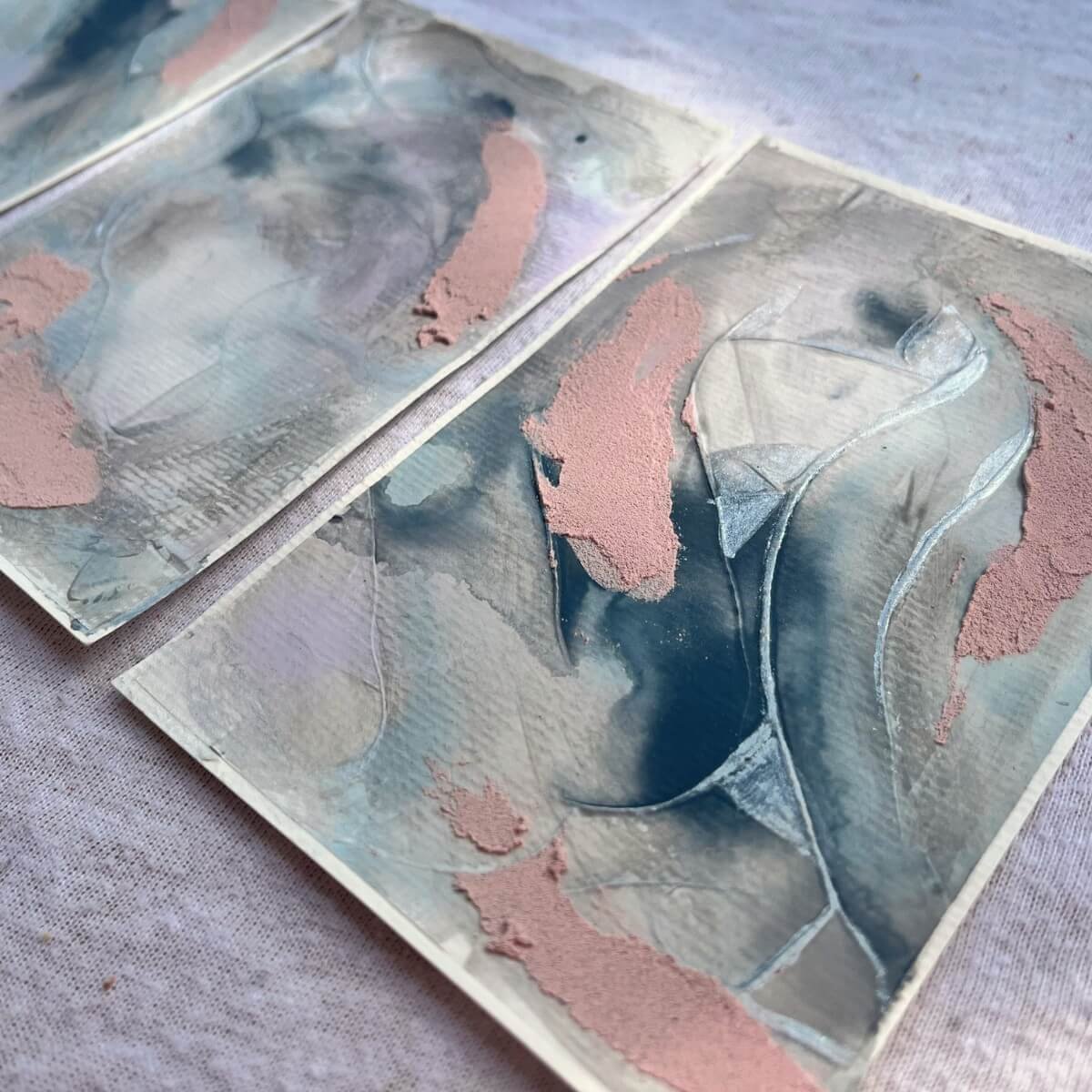 Close-up of a piece from the “Between Breaths” series – soft color gradients and sculpted texture reflect emotional balance and stillness.