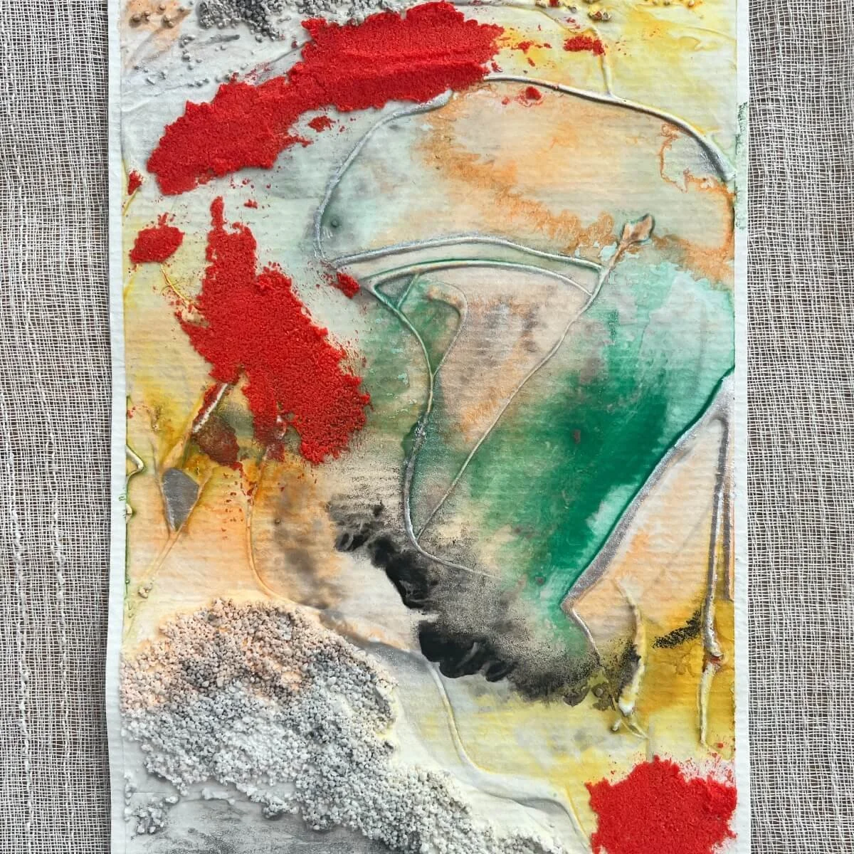 Abstract painting combining energetic red bursts, pale green gradients, and soft metallic textures – No. 2 from the Built Of Light series.