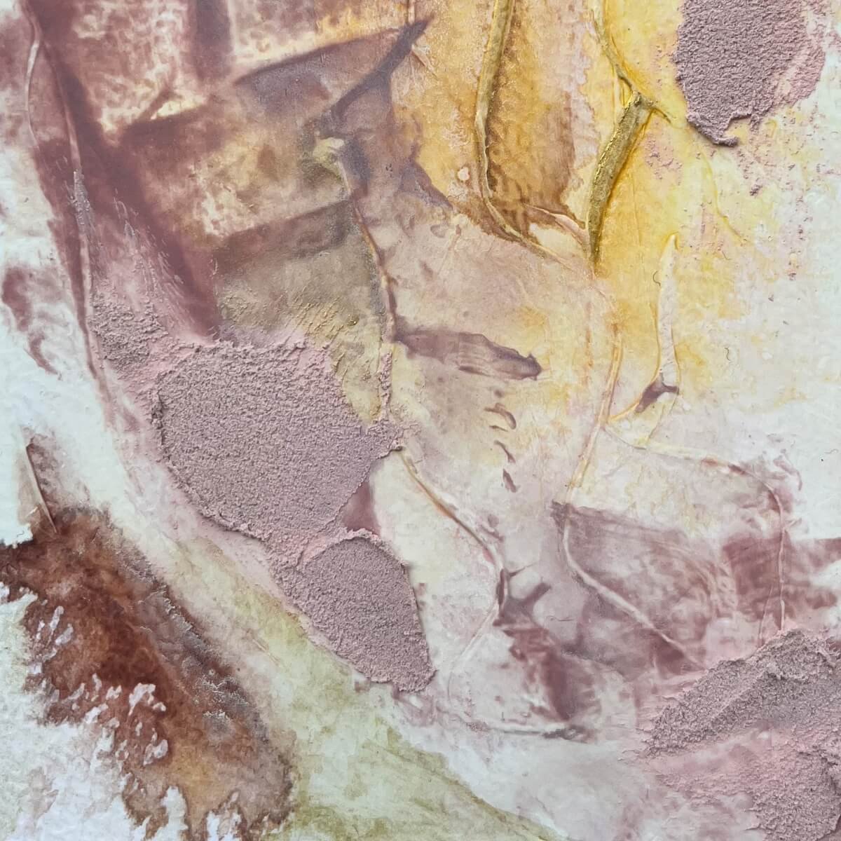 Macro view of rosy pigments and textured strokes of No. 2, highlighting the calming feel of the artwork