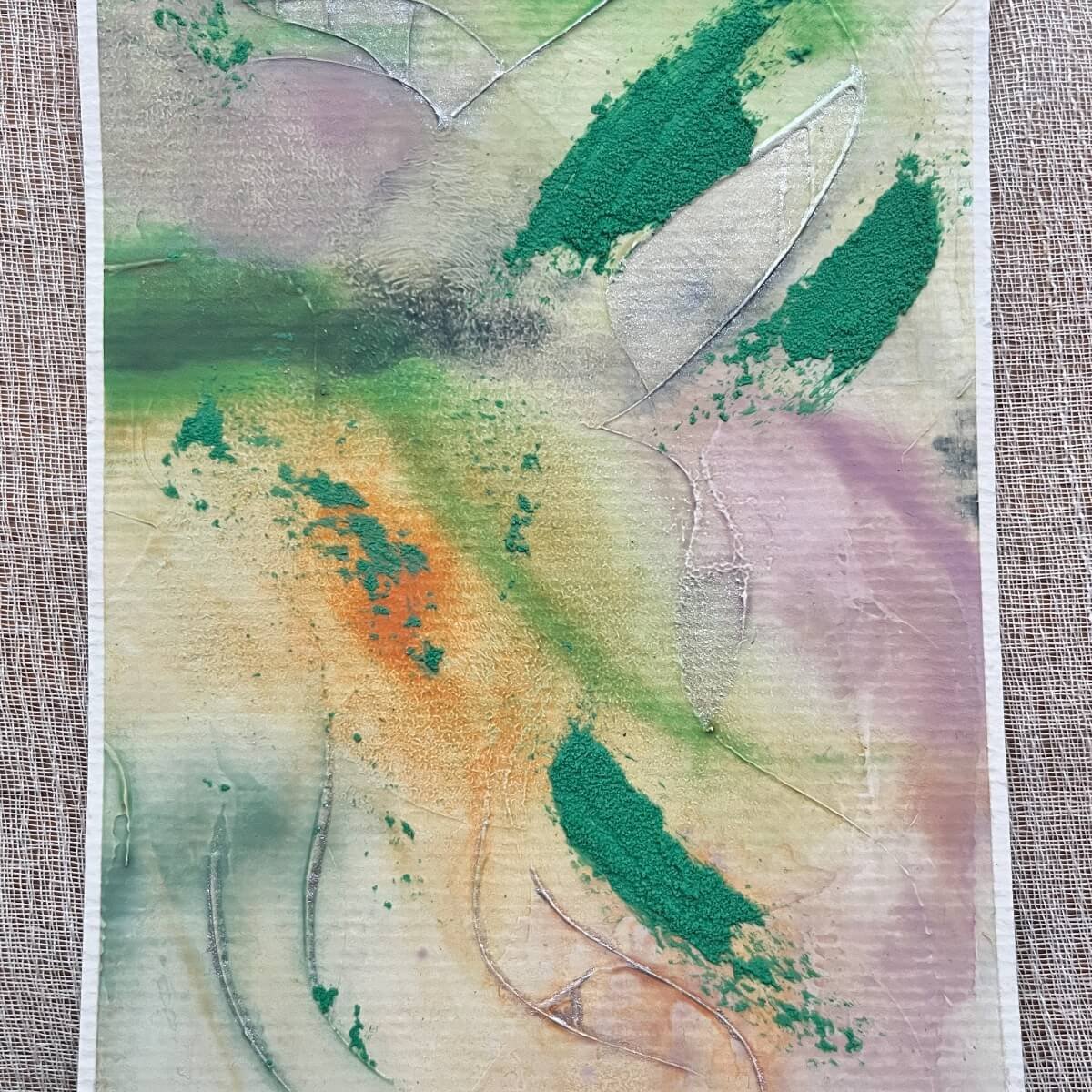Artwork No. 2 from the Silver Feathers Rising series – layered abstract composition with earthy greens and vibrant orange.