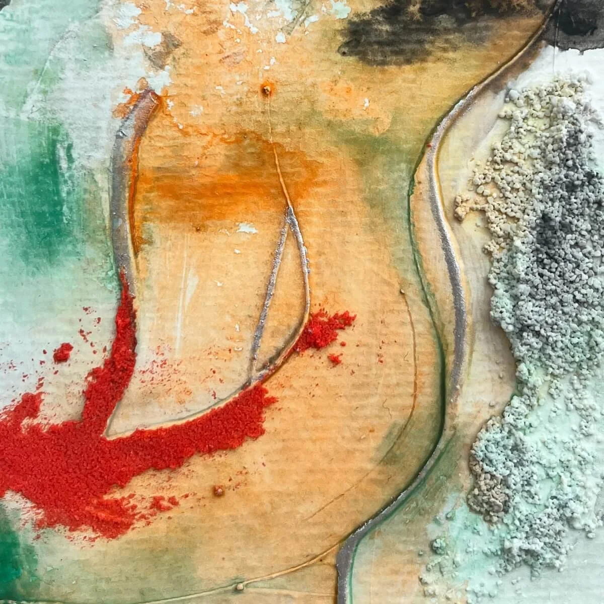 Fine texture close-up with rich scarlet over warm yellow and oxidized silver fragments – Built Of Light No. 6.