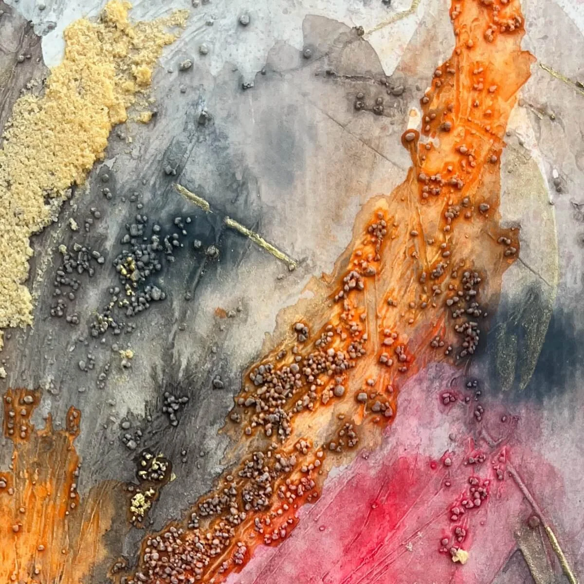 Detailed image of No.7's expressive pigment layering, gold dust and textured marks – evoking the energy of fire and transformation.