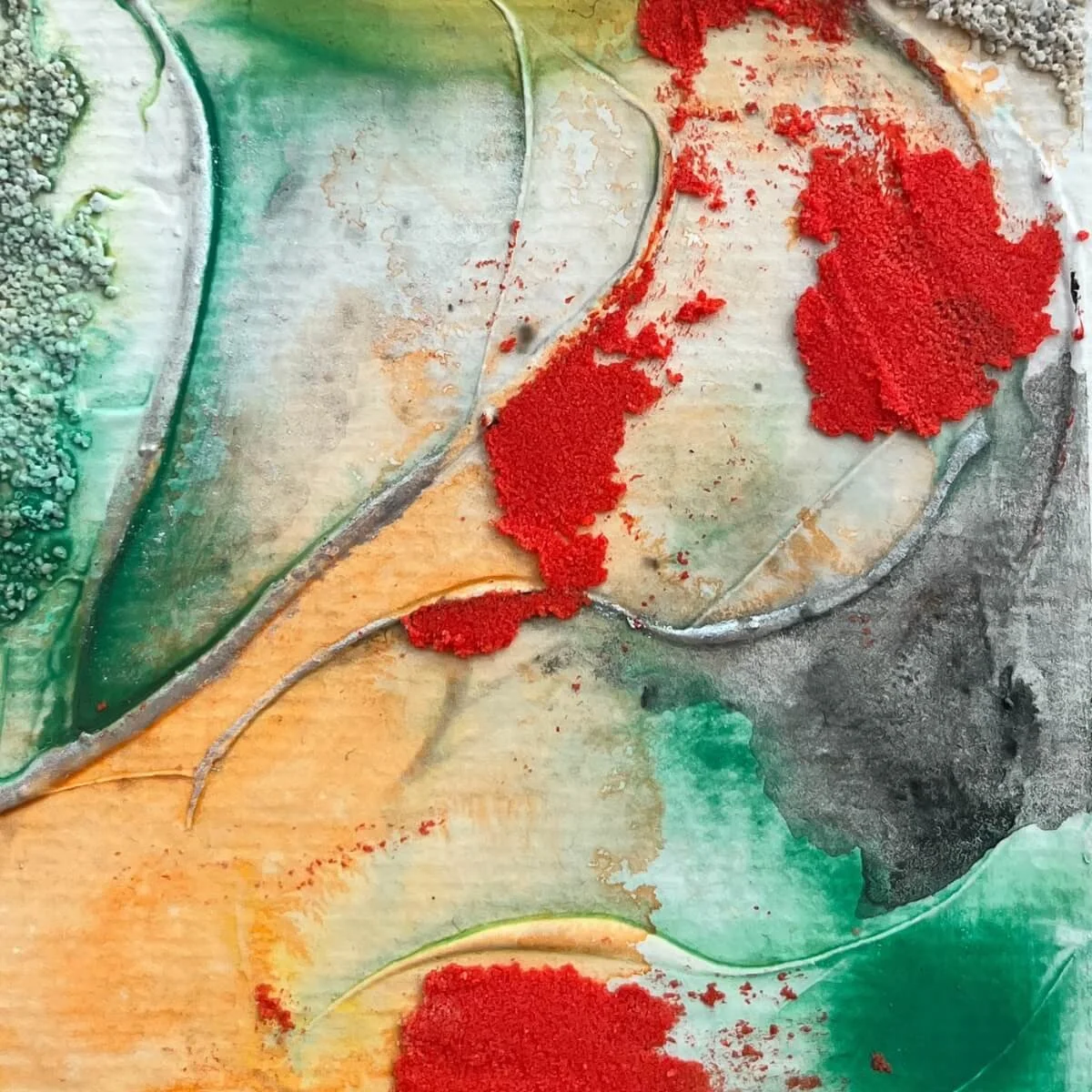 Textural details of raised pigment layers with glowing warm tones and reflective dust – No. 5 from the Built Of Light series.