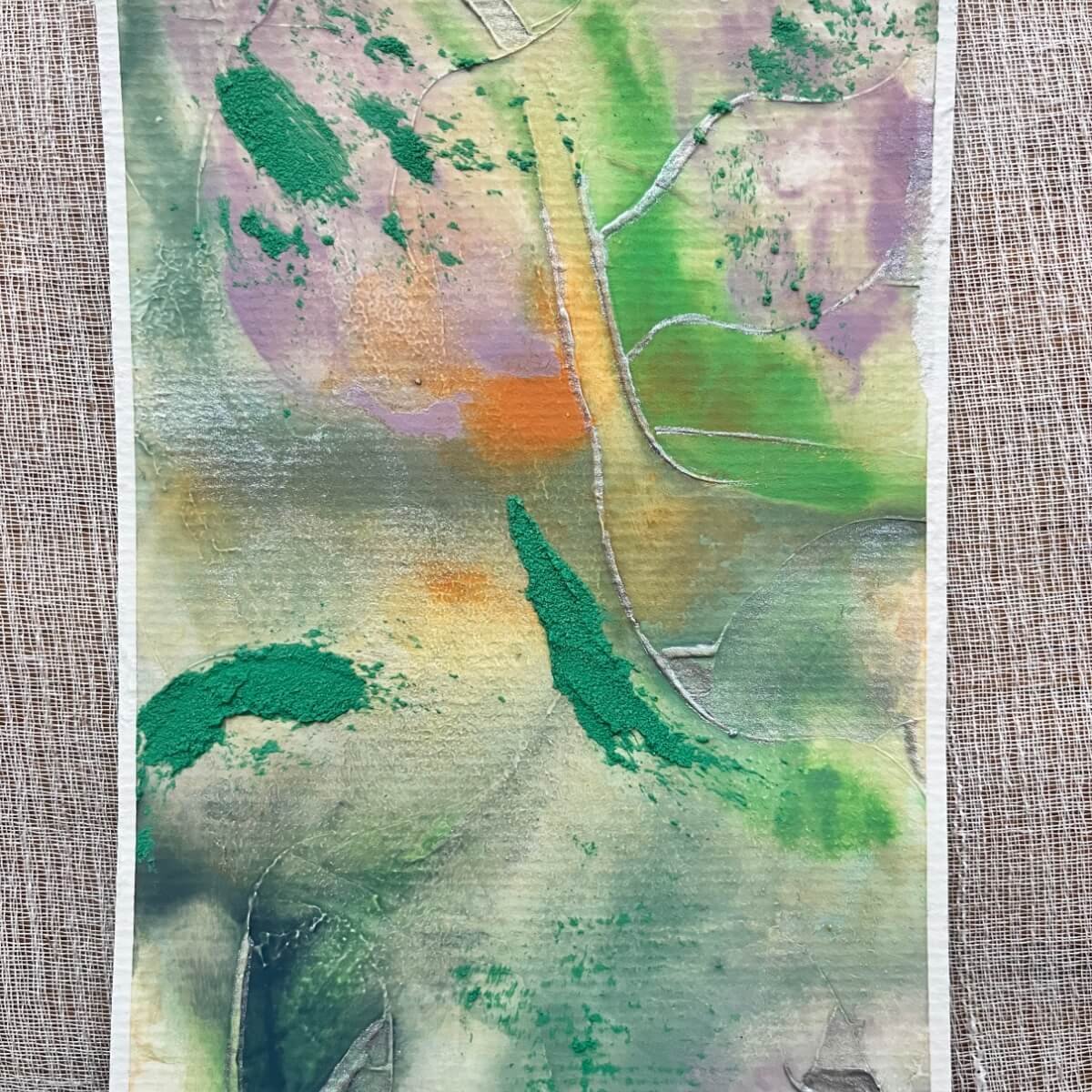 Artwork No. 6 from the Silver Feathers Rising series – organic swirls of green and gold with muted plum and violet undertones.