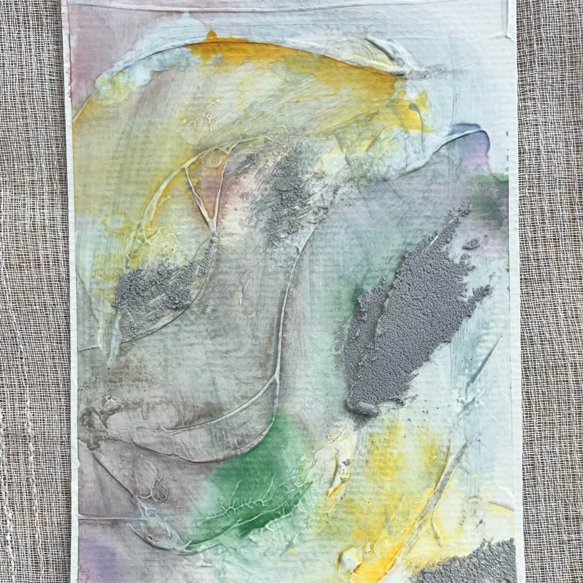 Between the Seconds No. 4 – Subtle composition in moss green, soft violet, and cloudy grey with layered textures.