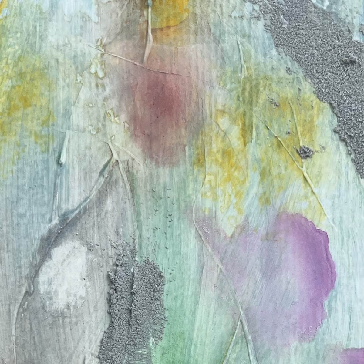 Close-up of Between the Seconds No. 2 – Focus on tactile surface and pastel blending in muted pink and sage green.
