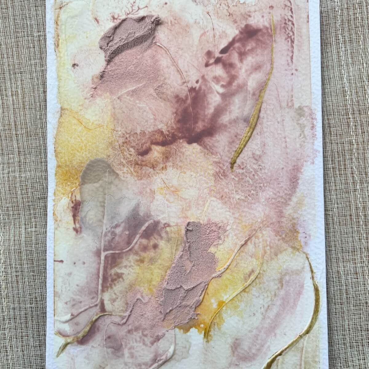 Minimalist mixed-media piece No. 5 with soft pinks and sunlit yellows, evoking a gentle inner landscape