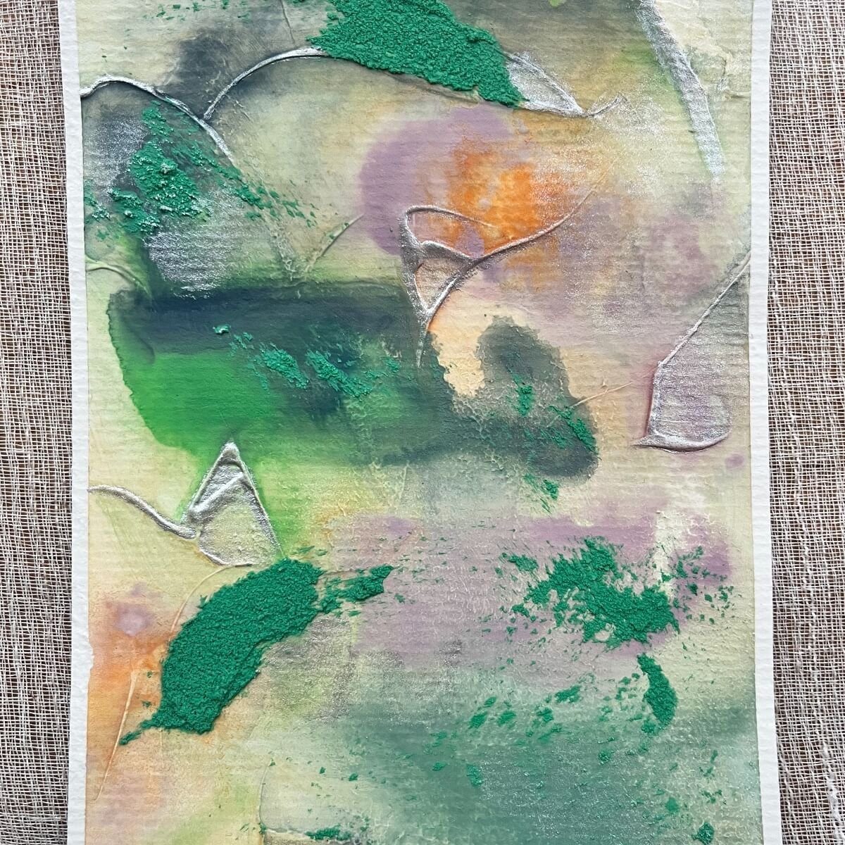 Artwork No. 3 from the Silver Feathers Rising series – abstract flow in emerald, peach, and dusty lilac on textured surface.