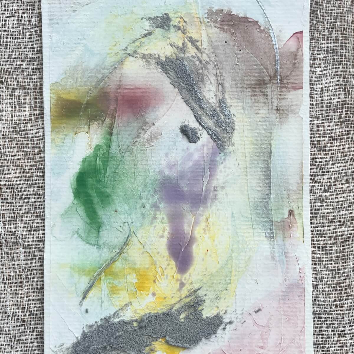 Between the Seconds No. 1 – Mixed media artwork with soft green, purple, and yellow tones on textured paper.