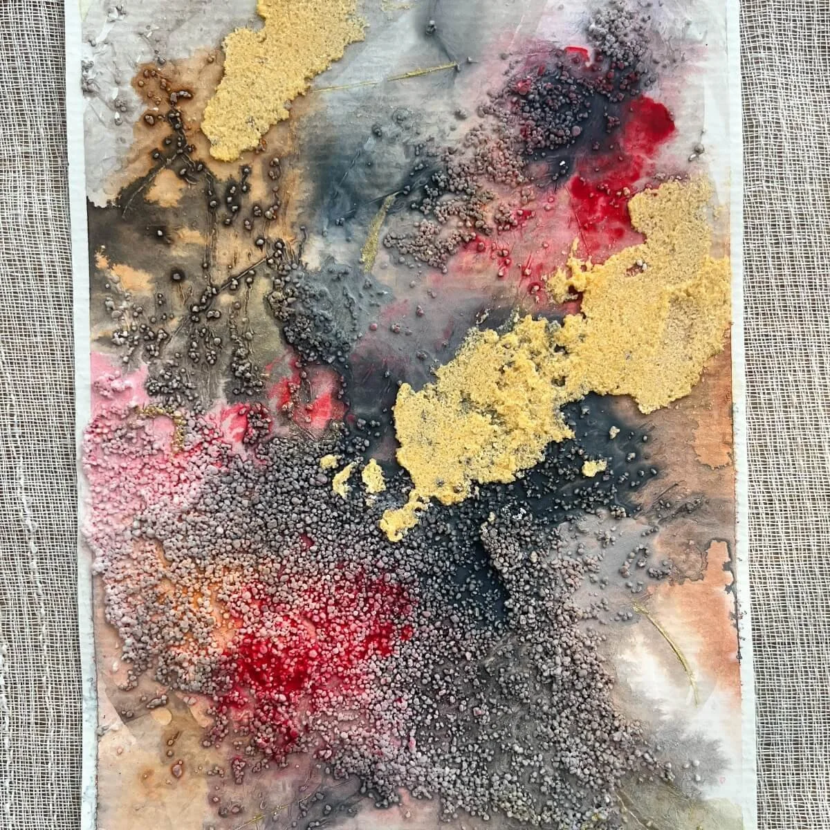 Expressive art piece No. 10 representing inner fire and emotional release with bold color and tactile textures.