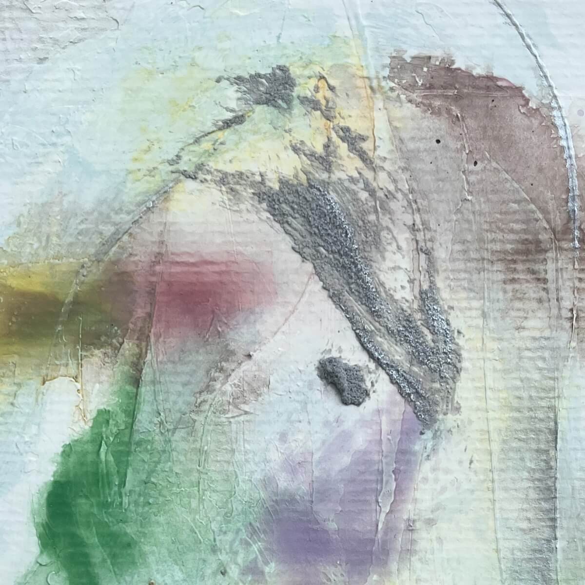 Close-up of Between the Seconds No. 1 – Revealing delicate silver texture and soft blending of green, purple, and rose tones.