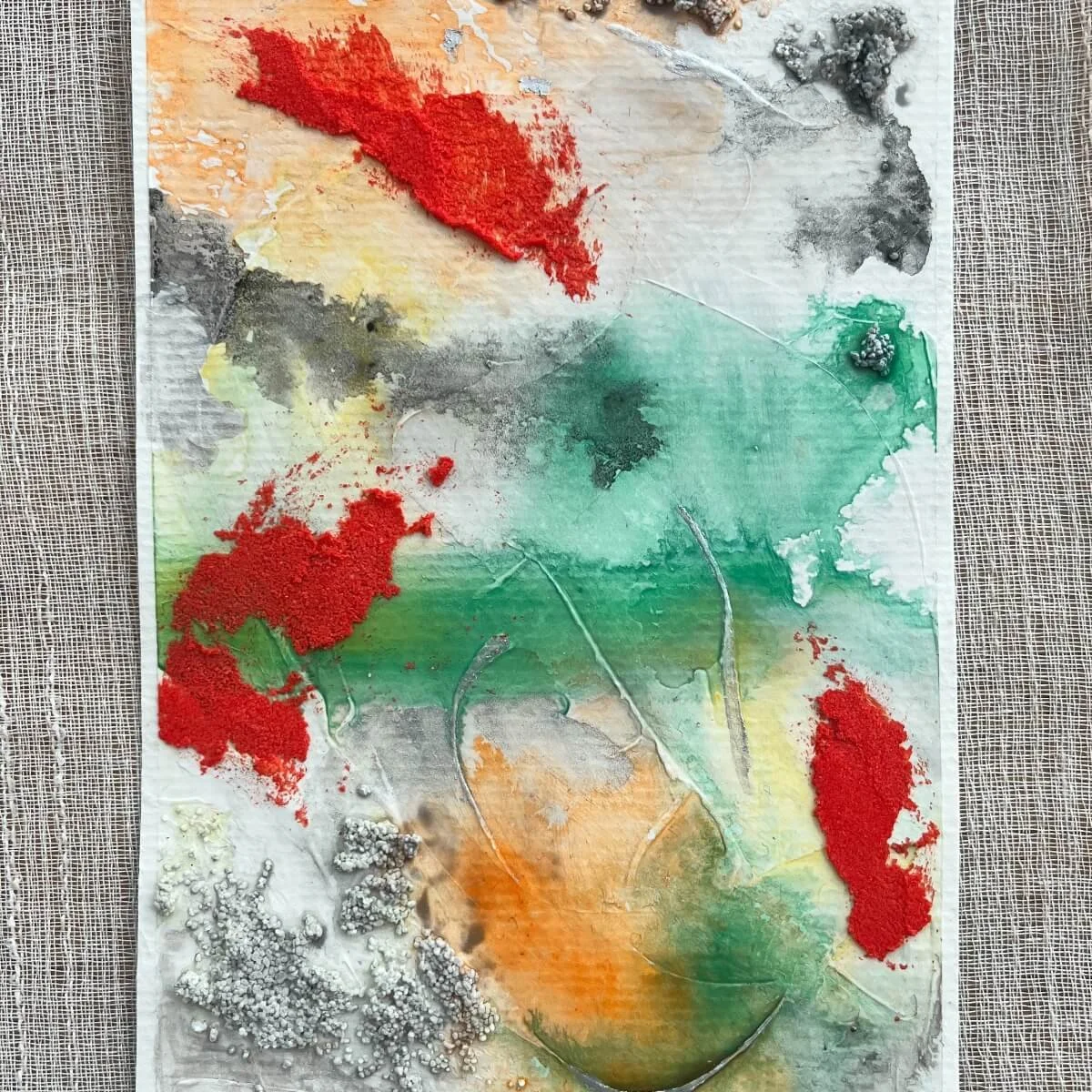 Abstract textured artwork with vivid green, orange, red, and silver tones – No. 1 of the Built Of Light series.