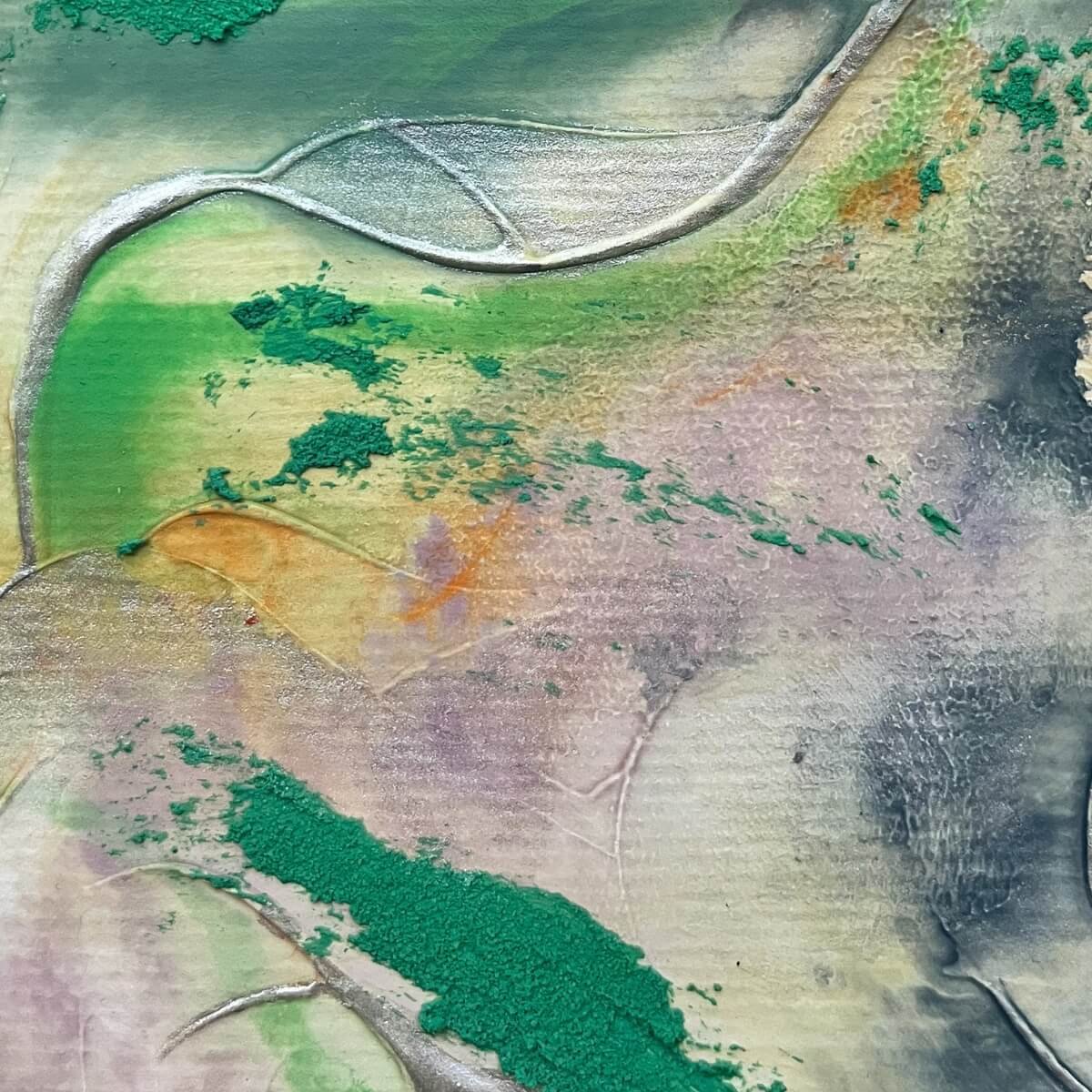 Detail of Artwork No. 8 from the Silver Feathers Rising series – vibrant textures and gentle layering in green and peach.