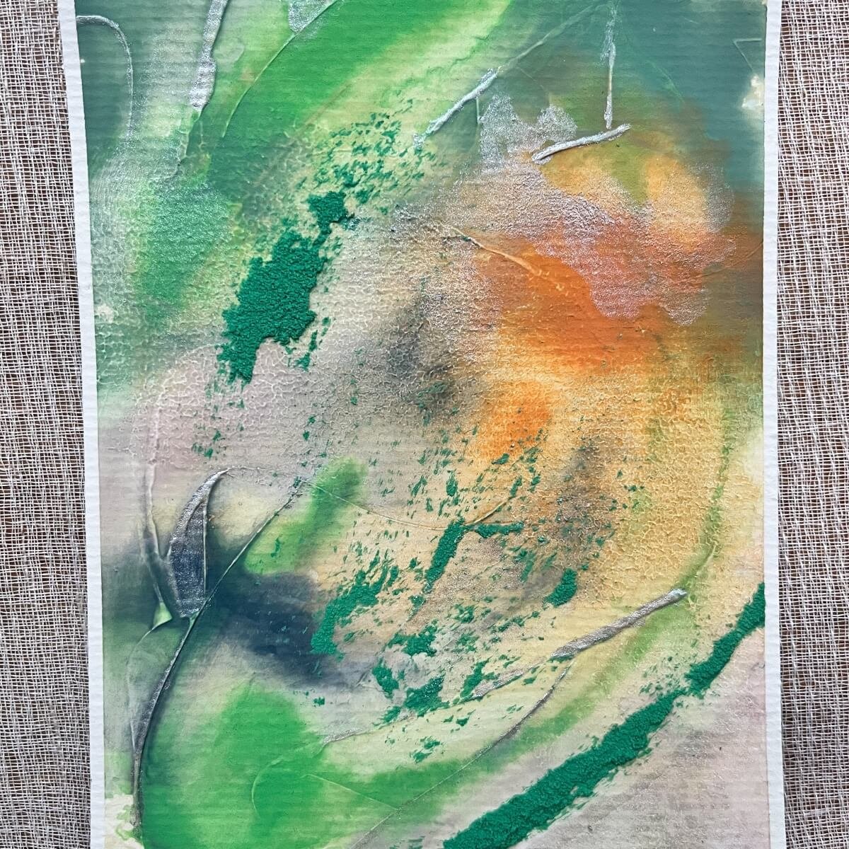 Artwork No. 9 from the Silver Feathers Rising series – flowing shapes in sage green, lavender, and sunlit yellow tones.