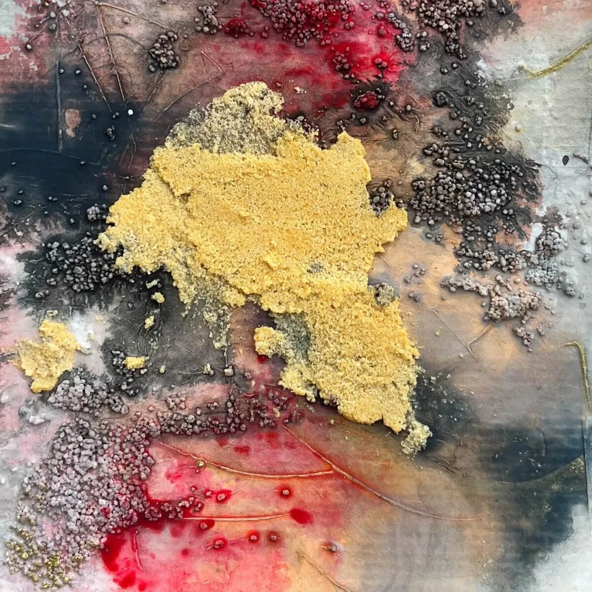 Detail of mixed media artwork No. 2 – fire-inspired color burst and golden sands from the series 