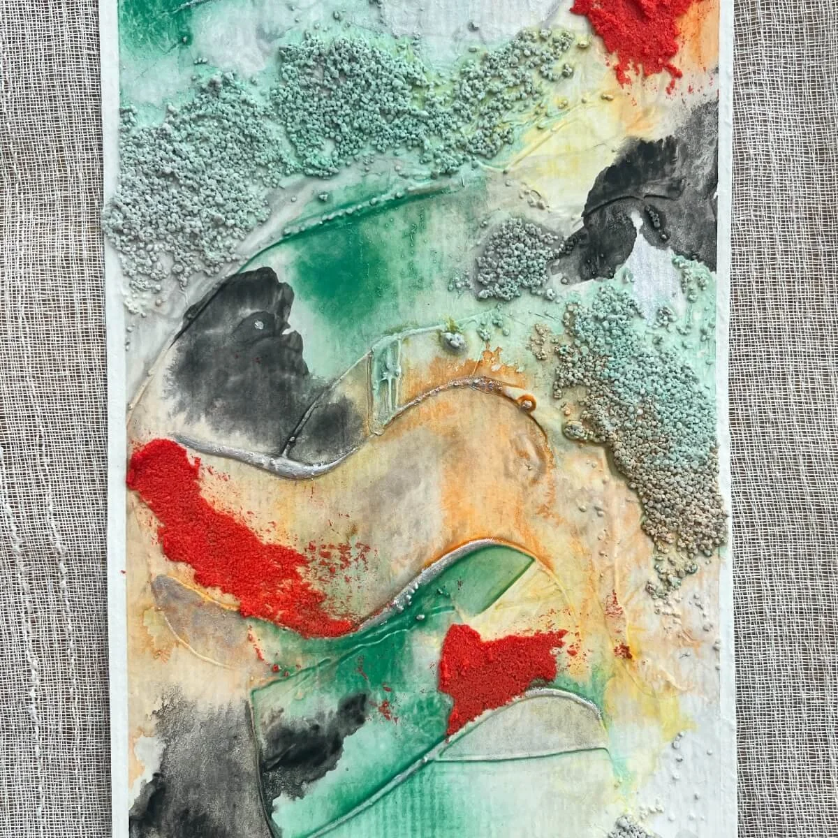 Expressive piece with layered pigments in deep red, warm ochre, and slate grey – No. 4 of the Built Of Light series.