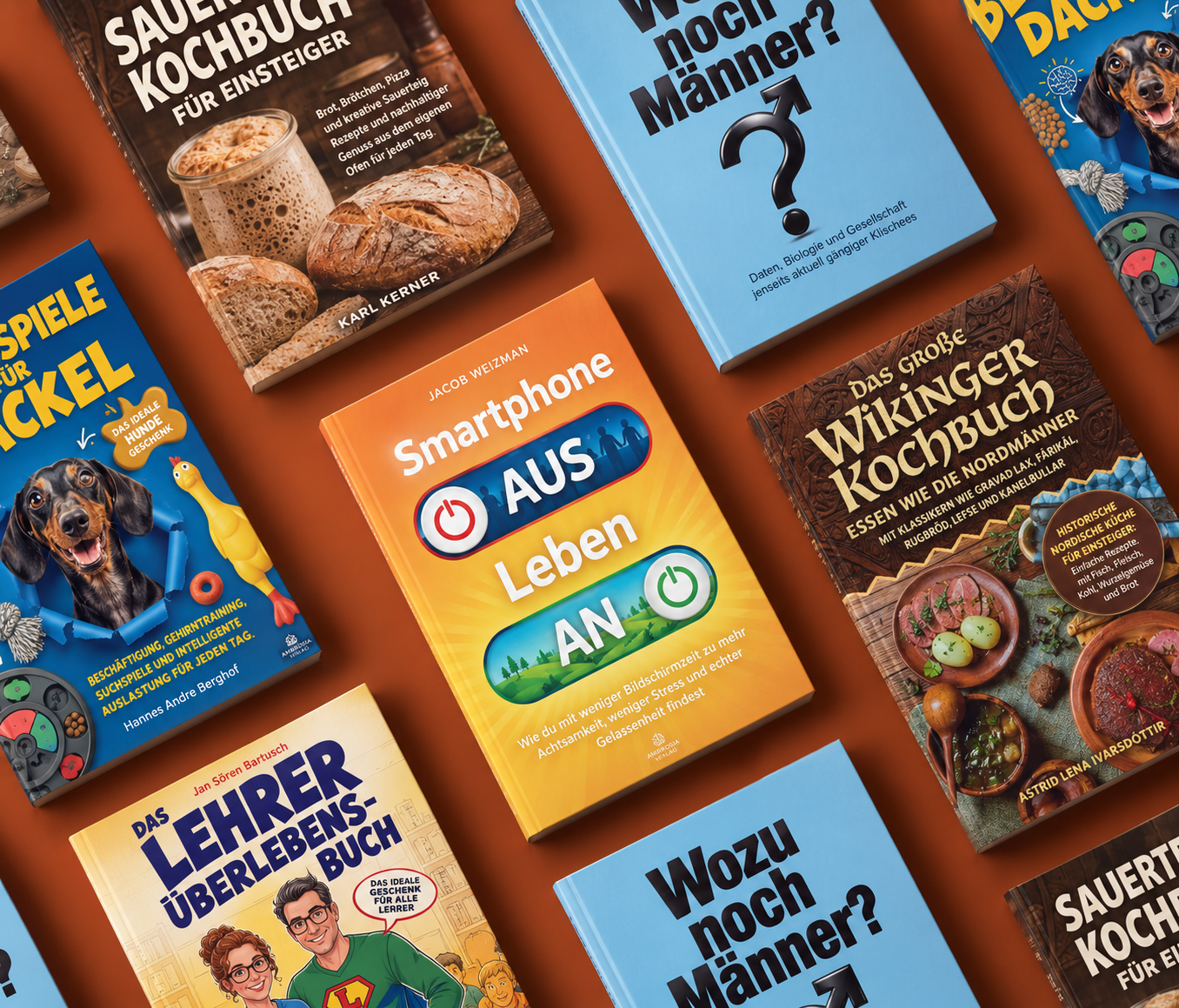 Ambrosia-Titel als Paperbacks in einer editoriellen Draufsicht.