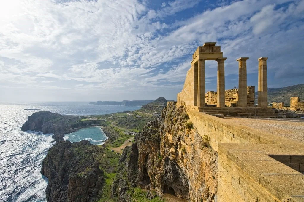 Coastal scenery and ancient ruins in Greece