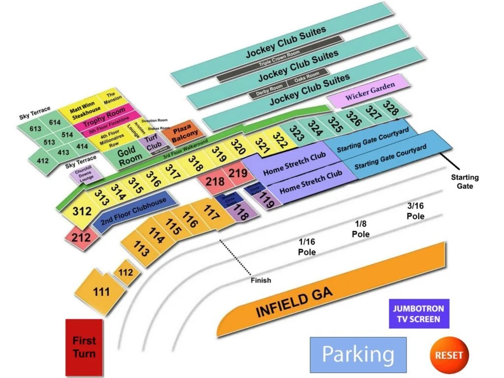 Churchill Downs seating chart showing all viewing sections and hospitality areas