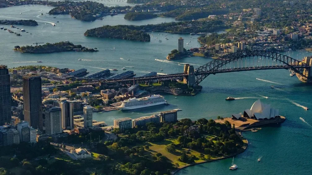 Viking cruise ship sailing near the Sydney Opera House