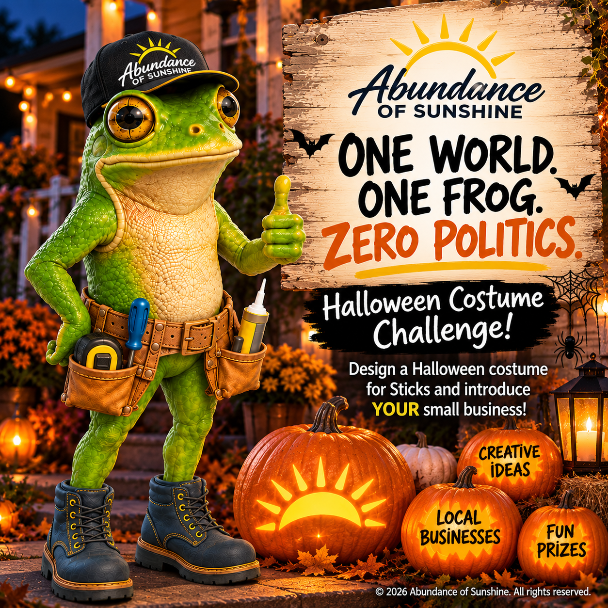 Approved One World. One Frog. Zero Politics. Halloween Costume Challenge artwork featuring Sticks in his original cap, tool belt and blue boots