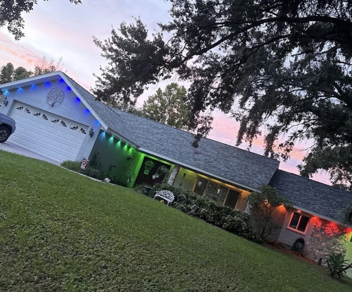 Real Abundance of Sunshine outdoor lighting project on a Valrico home at dusk