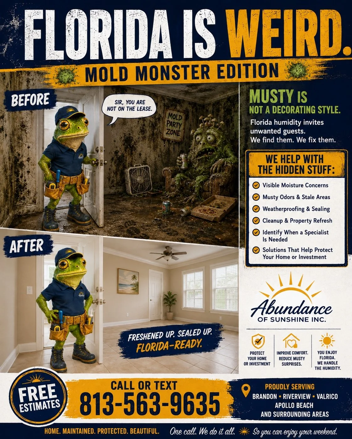 Original Florida Is Weird Mold Monster episode graphic featuring Sticks and a humorous illustrated moisture monster