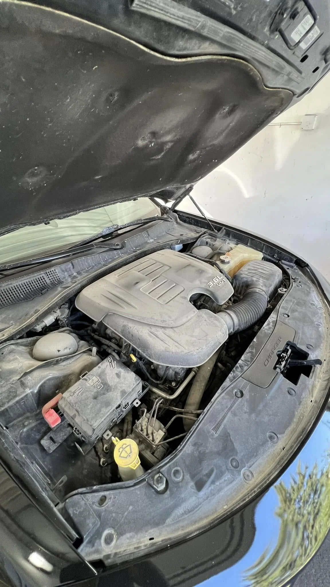 Before cleaning: heavy dust on engine cover and trim – MC Auto Detailing Lincoln