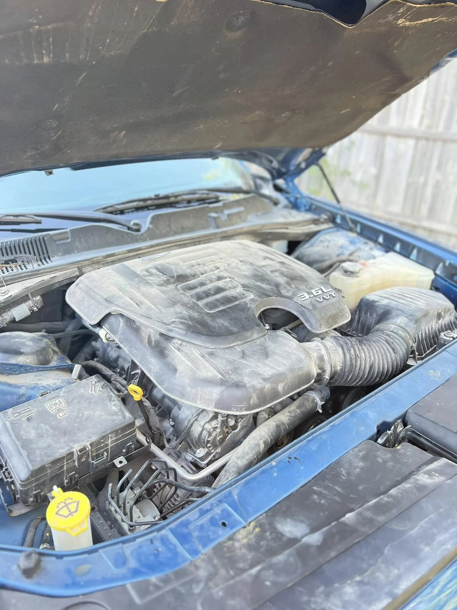 Before engine bay cleaning showing dirty and greasy engine components