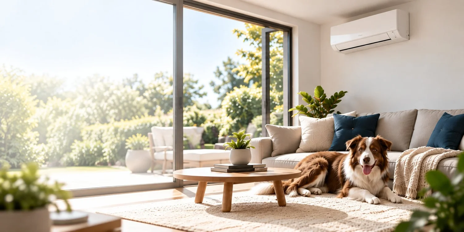 A light-filled Australian living room with a split-system air conditioner and a brown-and-white Border Collie resting beside the sofa.