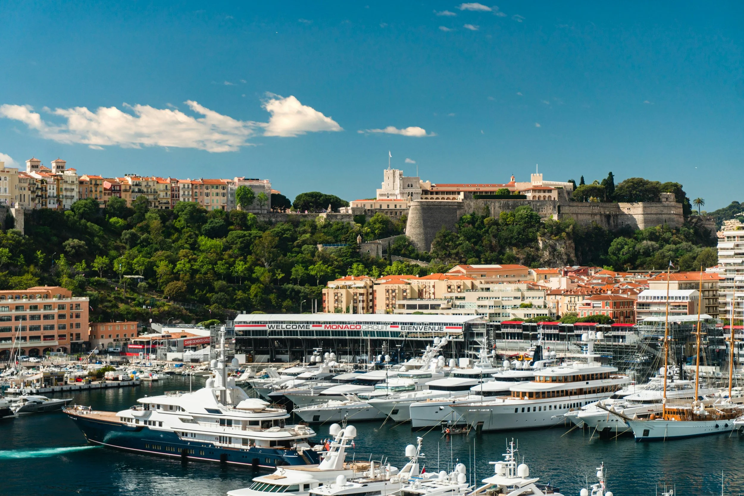 Monte-Carlo and the Monaco harbour — luxury yachts moored in Port Hercule during Grand Prix weekend