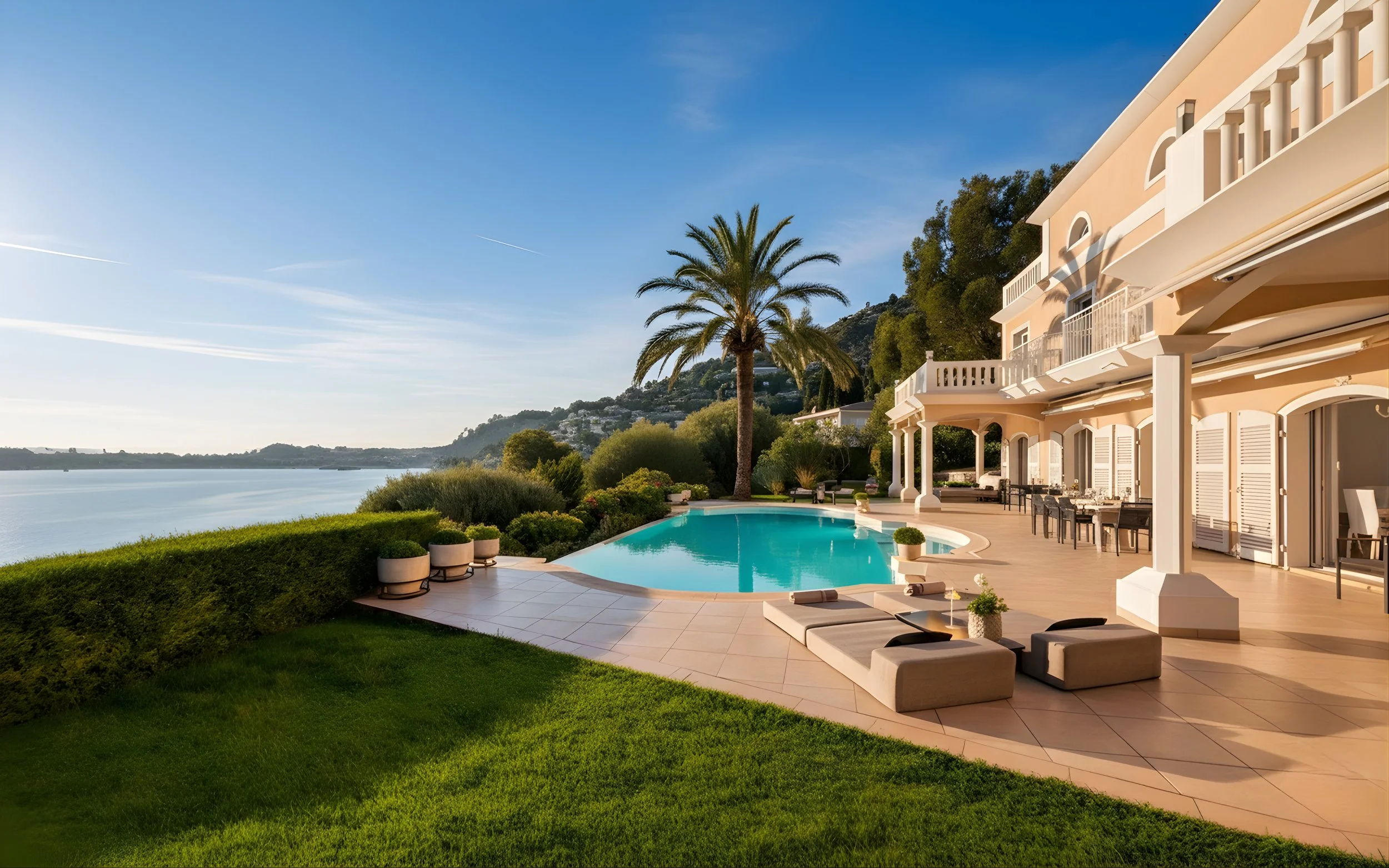 Villa Monaco's heated infinity pool and shaded terrace above the Mediterranean in Cap-d'Ail — a private, well-adapted setting for a hot Riviera summer
