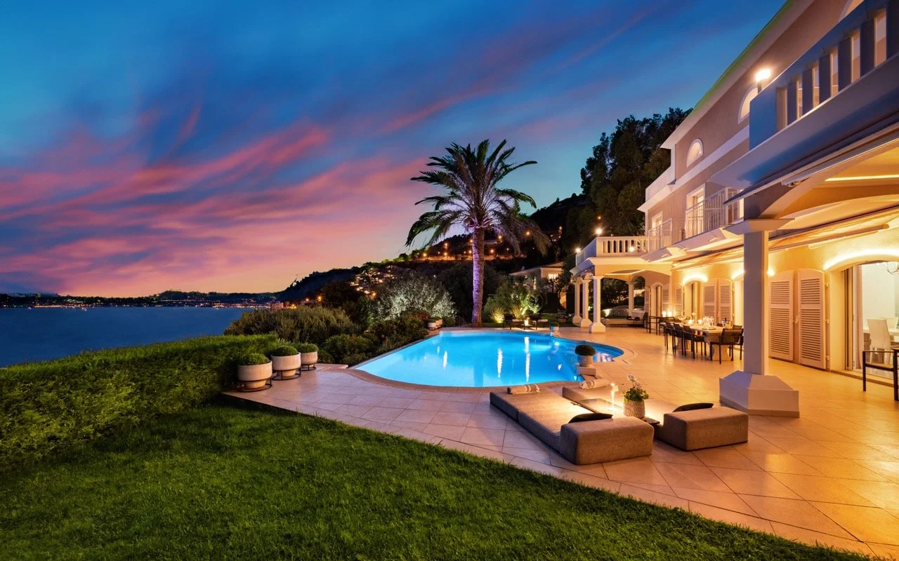 Sunset view from Villa Monaco — the private Cap-d'Ail estate just 8 minutes from the Circuit de Monaco