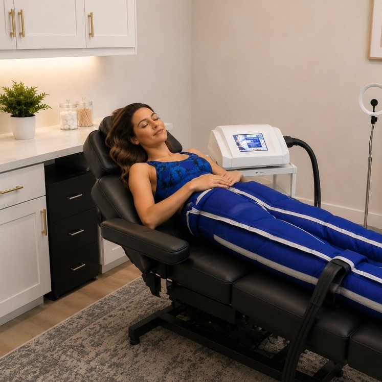 Client relaxing during BOA Max 2 compression therapy session