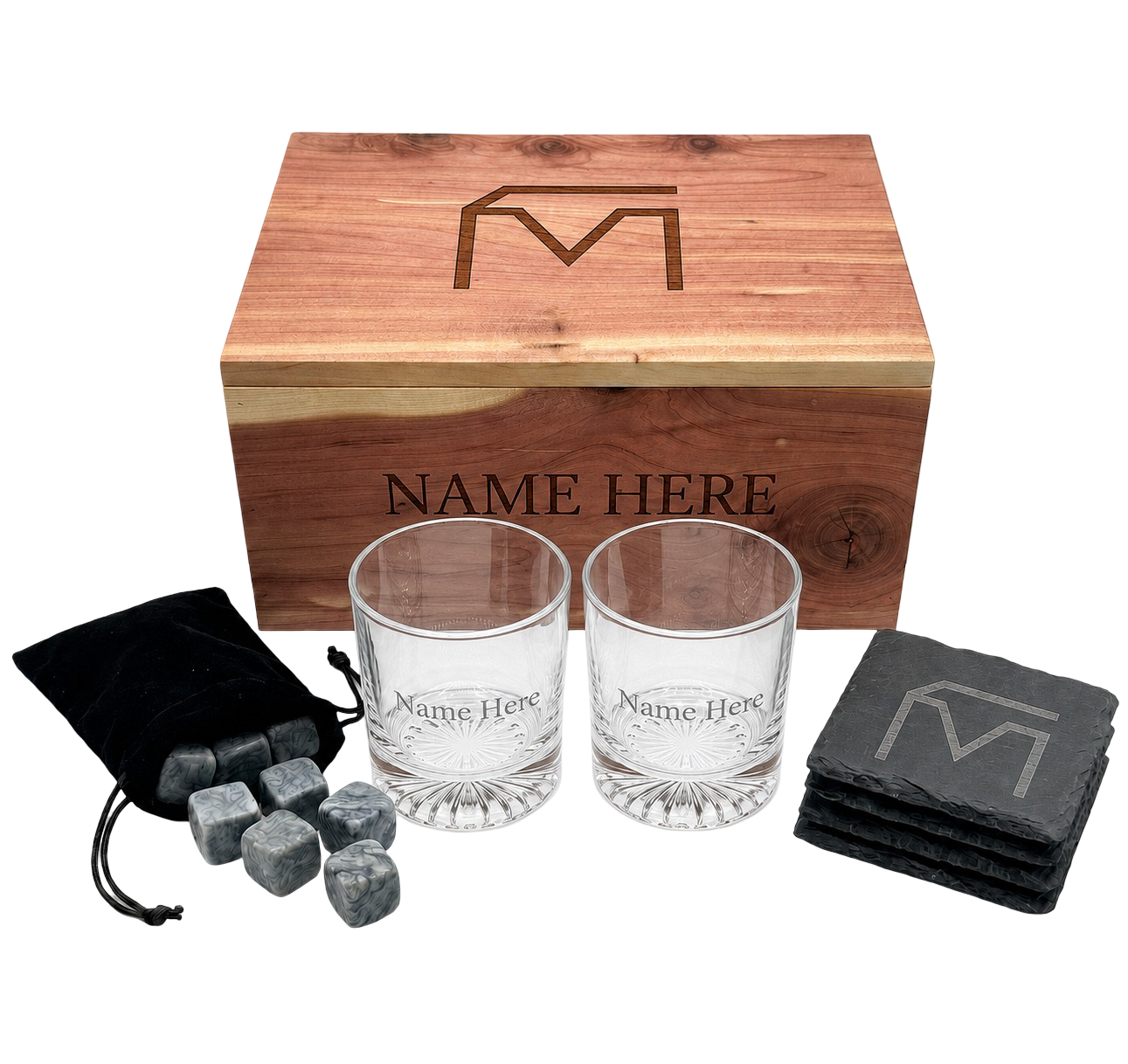 Musser Trifecta Whiskey Box with two engraved DOF glasses, four slate coasters and whiskey stones