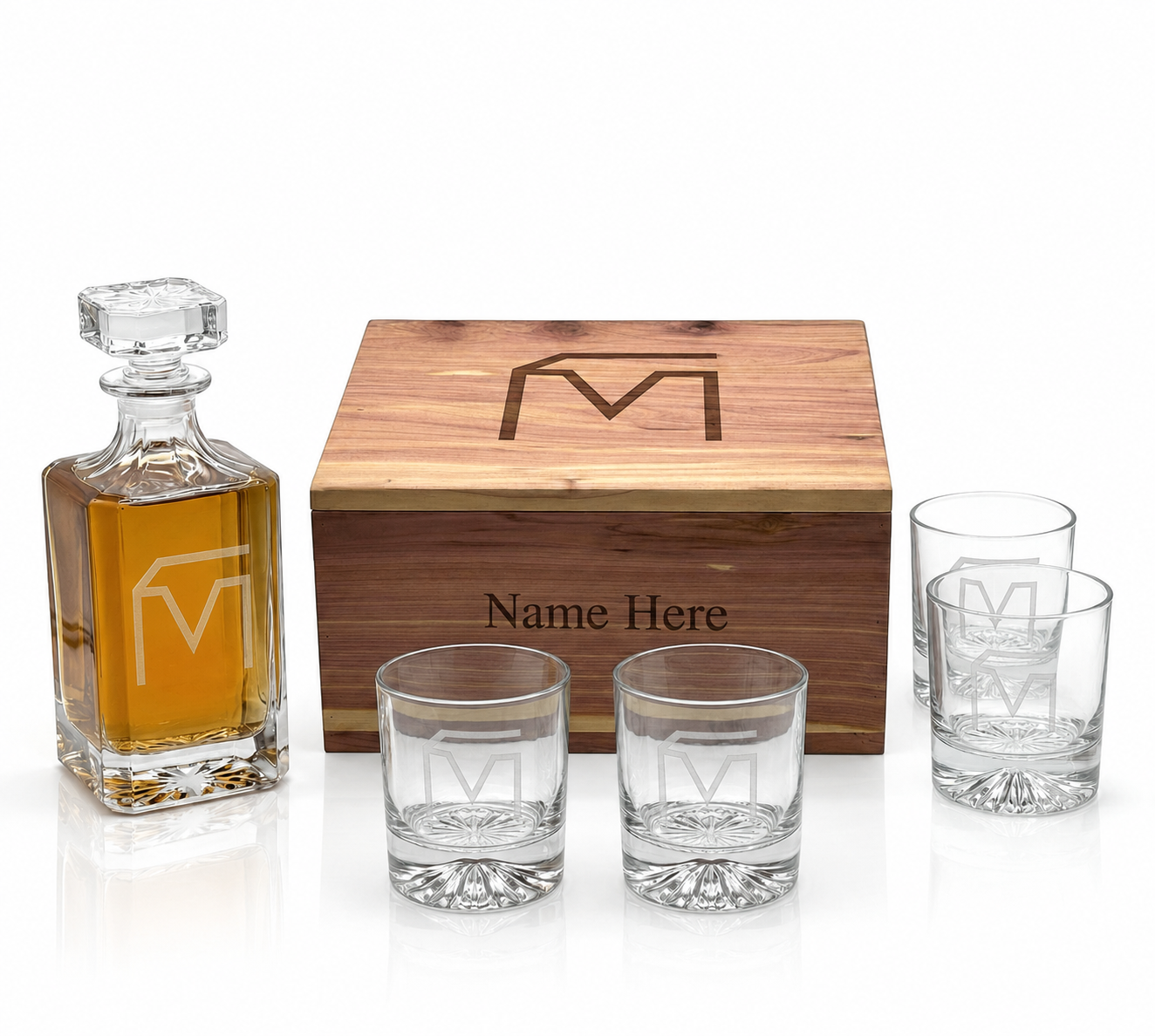 Musser King Whiskey Box with engraved decanter and four engraved DOF glasses
