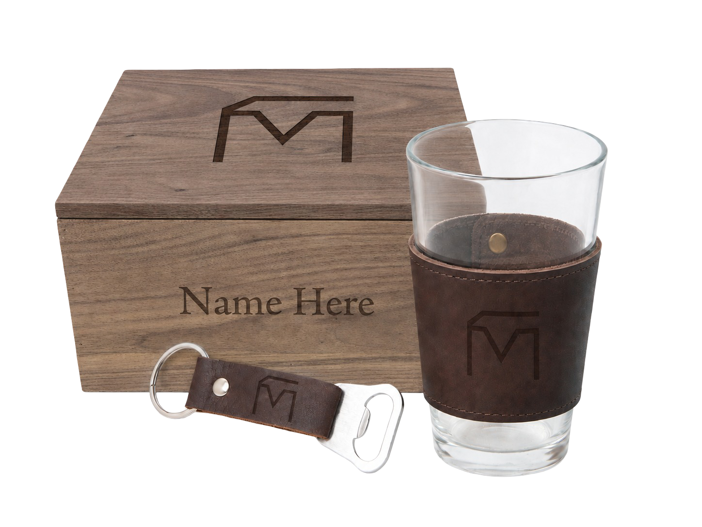 Musser Leather Beer Box with engraved leather pint and keychain bottle-opener