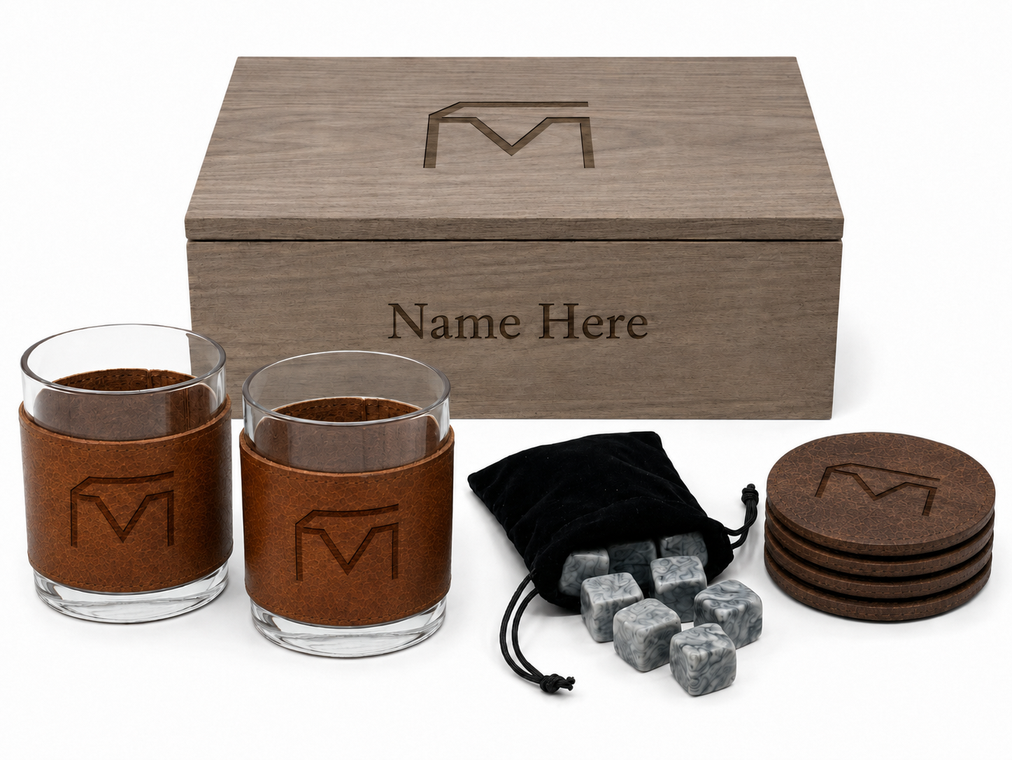 Musser Leather Trifecta Whiskey Box with engraved DOF glasses, wooden coasters and whiskey stones in velvet gift bag