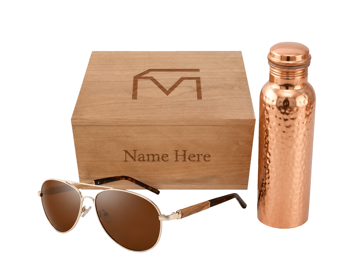 Musser Sunwater Box with copper water bottle and zebra wood and suede sunglasses