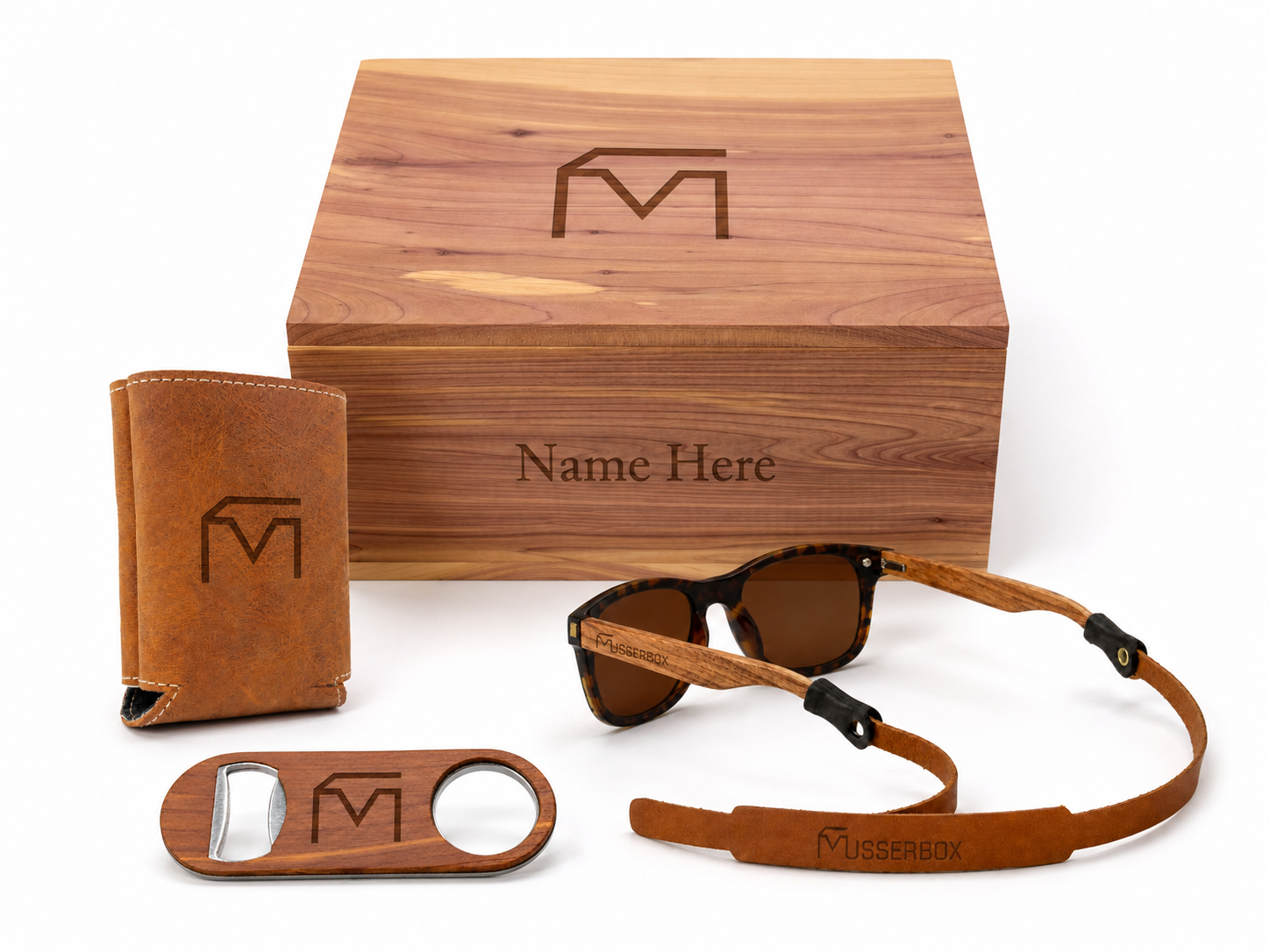 Musser Beach Box with engraved wooden sunglasses, leather sunglasses strap, leather koozie and cedar bottle opener
