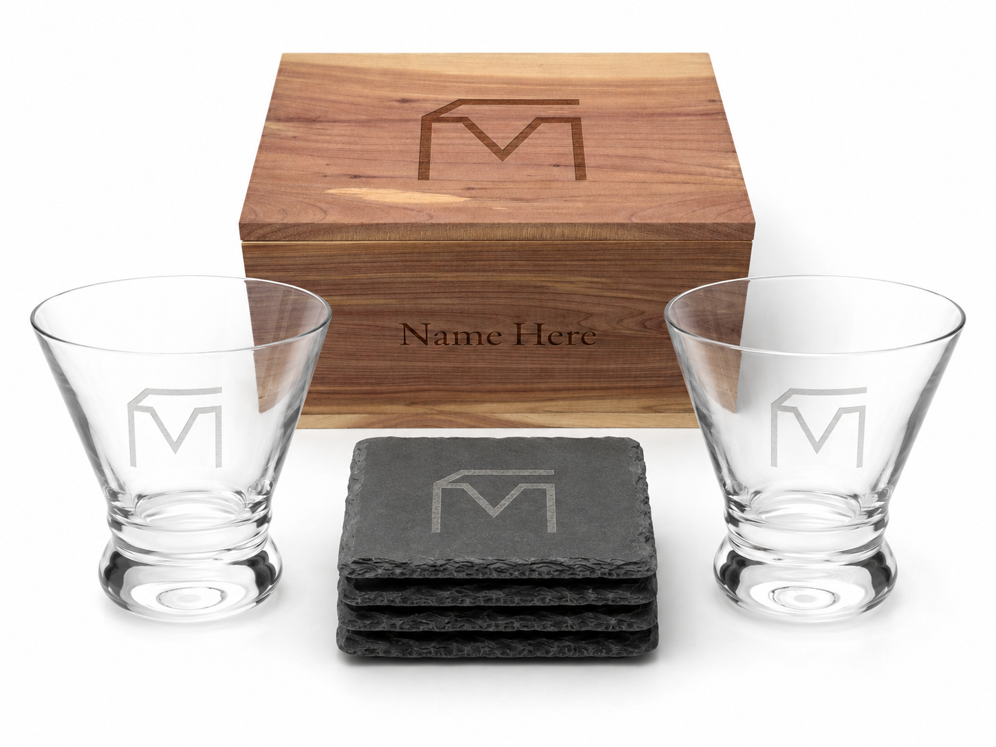 Musser Martini Box with two engraved martini glasses and four engraved slate coasters