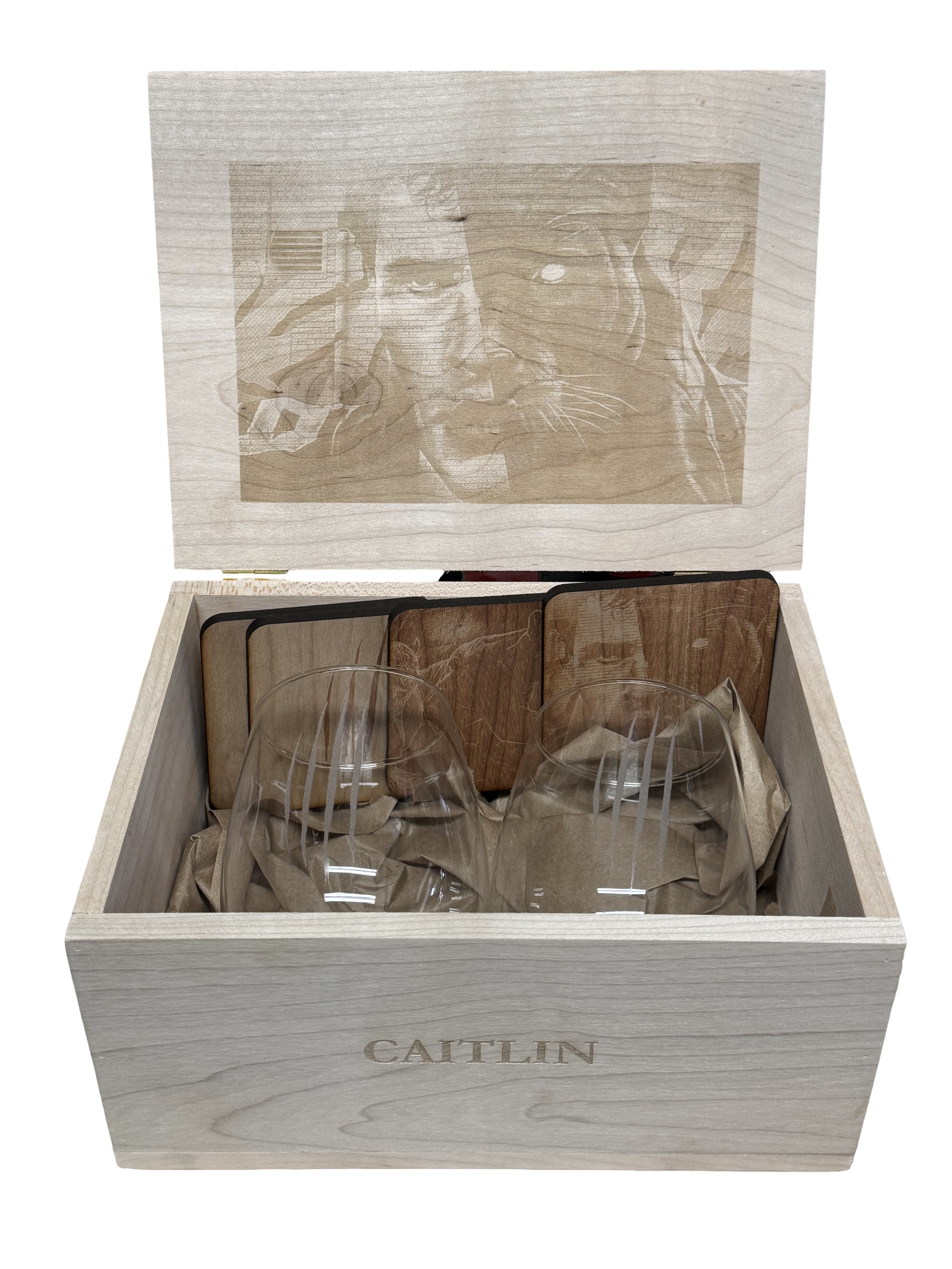Musser Wine Box with two engraved wine glasses and four engraved wooden coasters