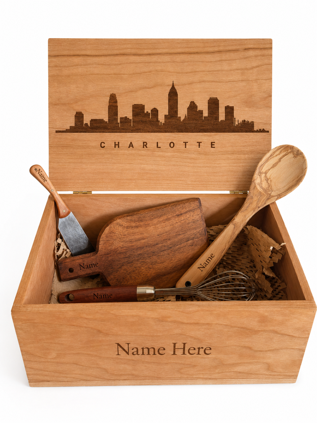 Musser Kitchen Box with engraved cherry and steel spreader, acacia wood serving board, walnut whisk and olive wood spoon
