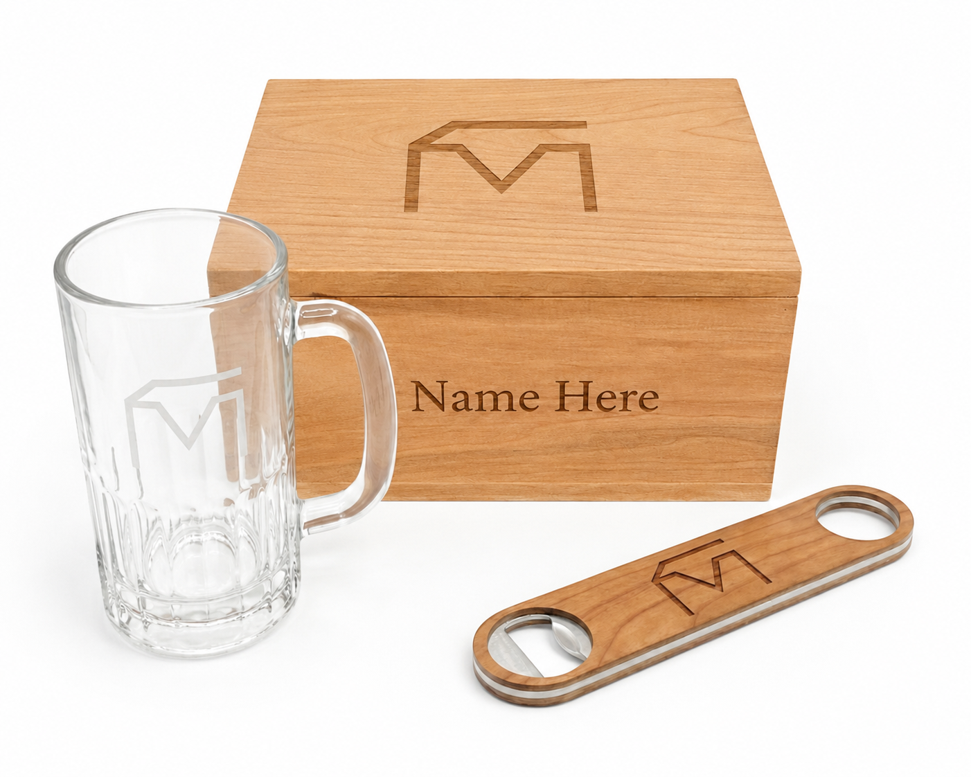 Musser Bavarian Beer Box with engraved 14 oz mug and cherry leather bottle-opener