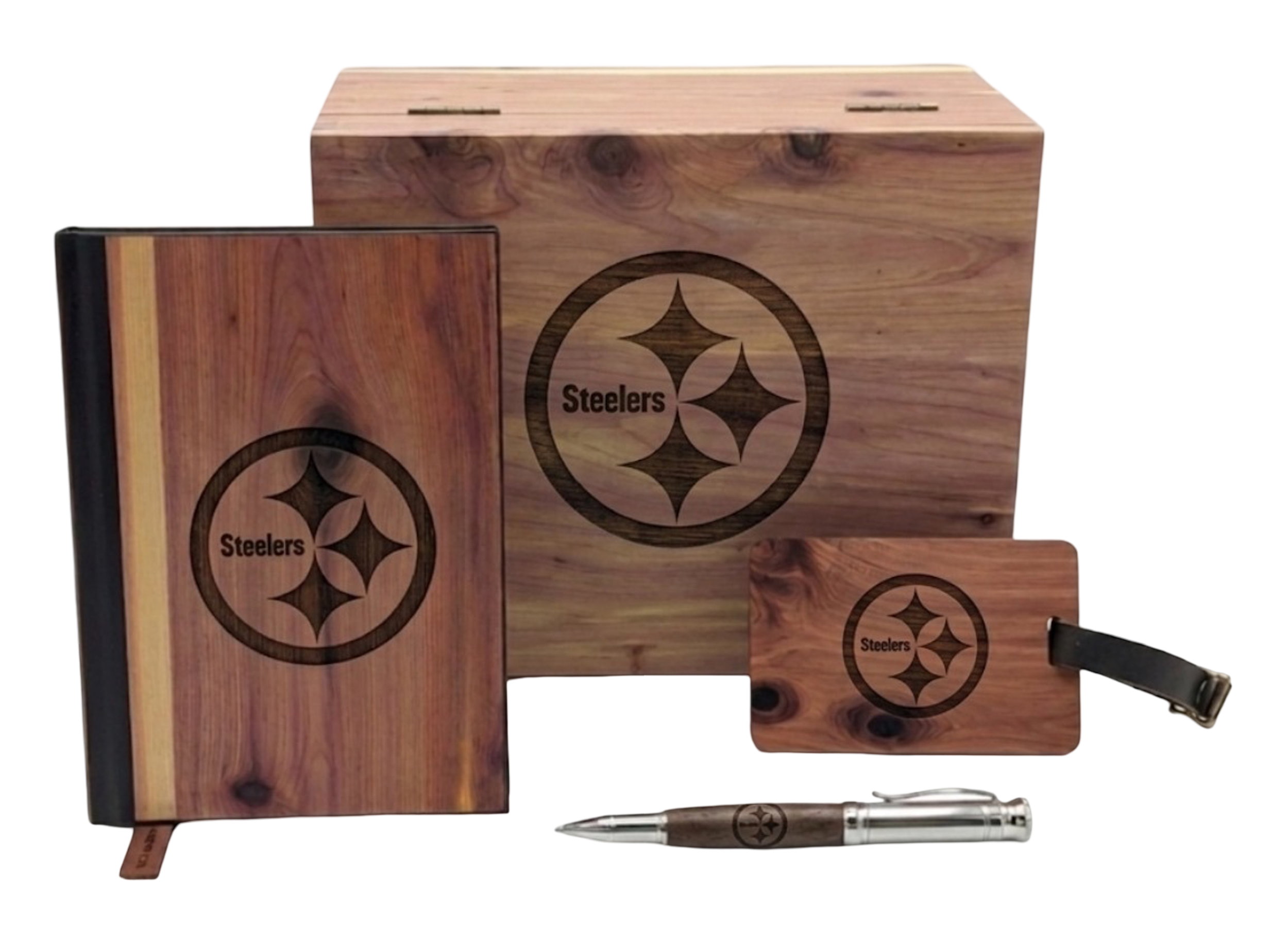 Musser Travel Box with engraved cedar journal, premium wood pen and cedar luggage tag