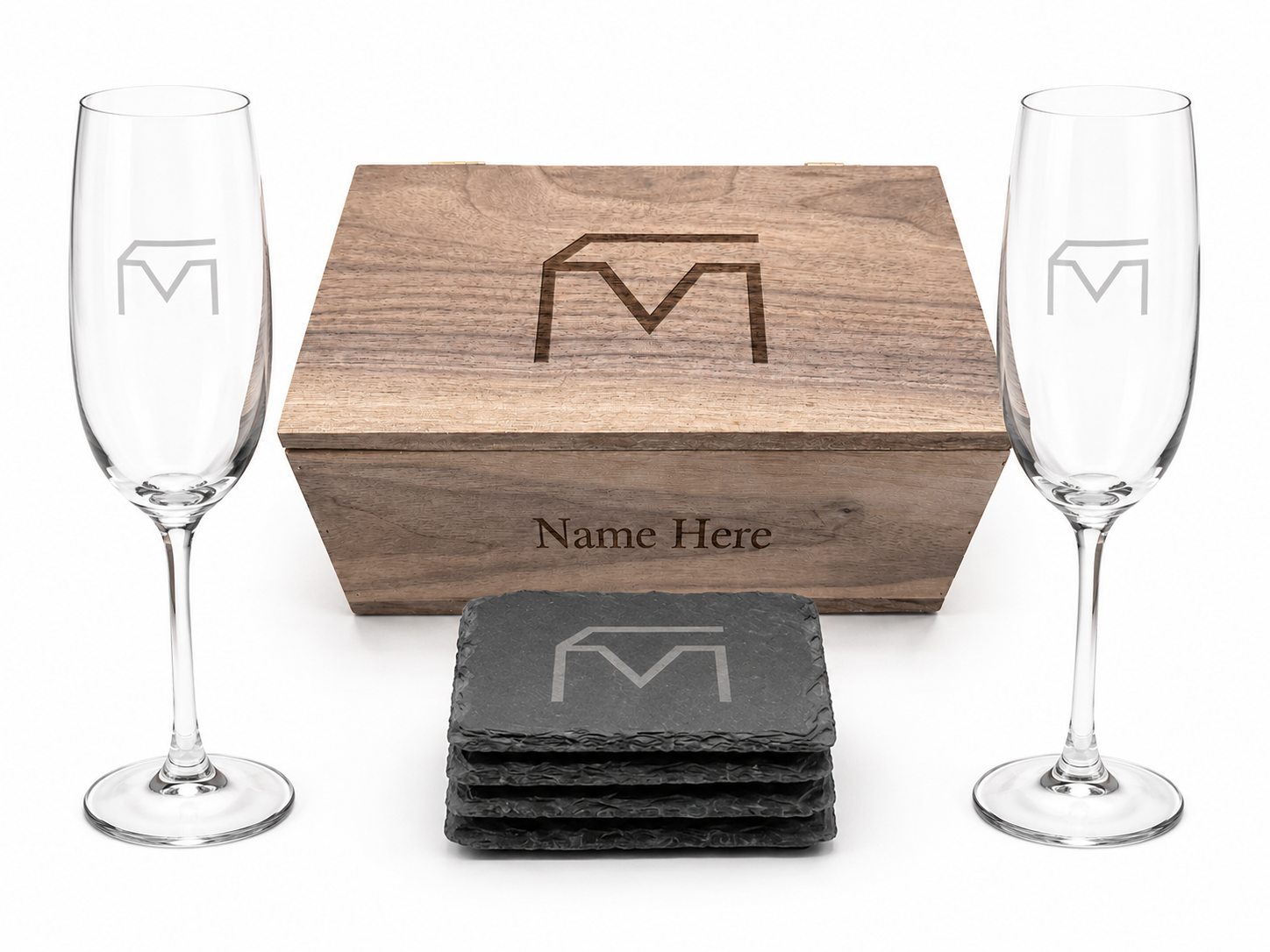 Musser Champagne Box with two engraved flute glasses and four engraved slate coasters