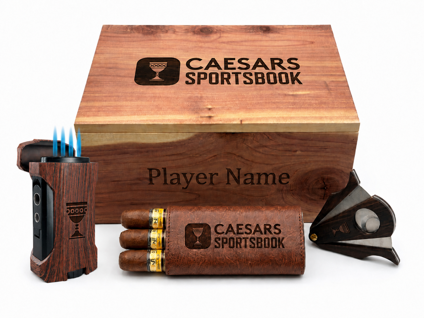 Musser Cigar Box with engraved wooden torch, butterfly cutter, leather cigar case and three premium cigars