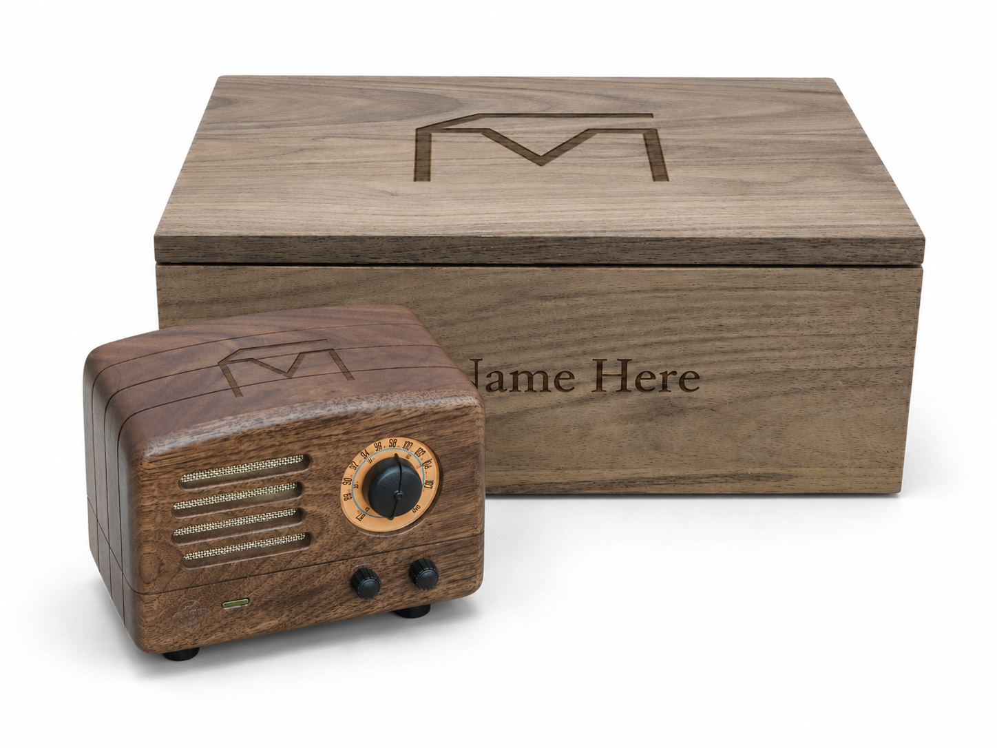 Musser Music Box with engraved Muzen FM radio and bluetooth speaker